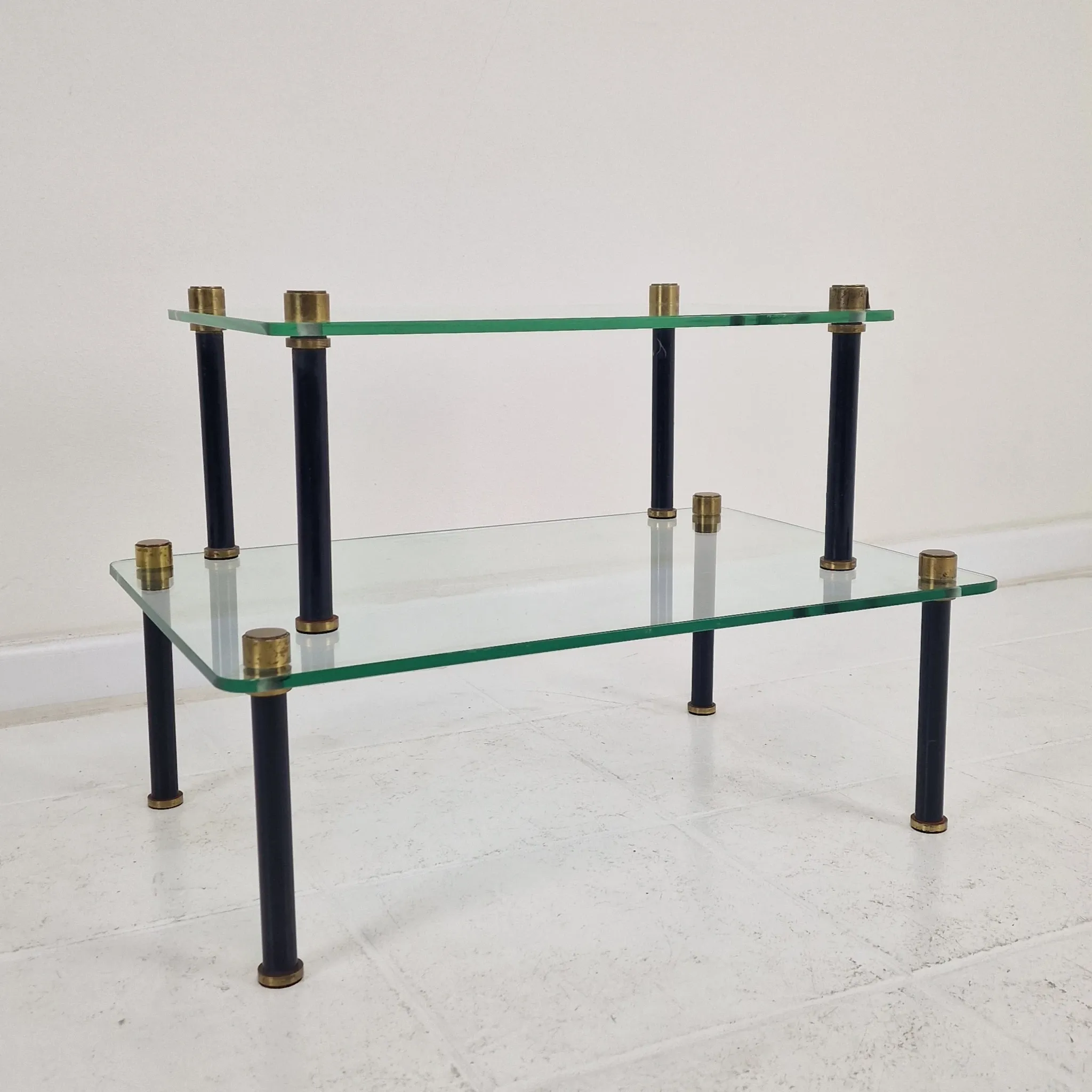 French Modernist Glass and Brass Display Tables with 'P. Andrieux', 1930's