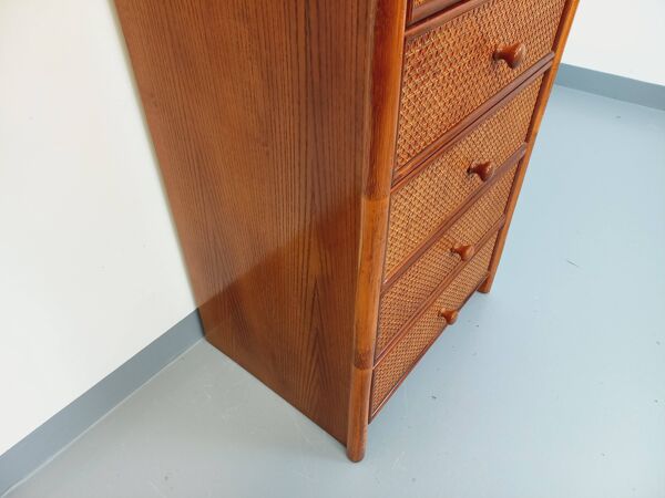 Commode chiffonnier semainier vintage en rotin, bois et cannage