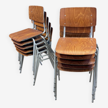 Lot de 10 chaises d'école vintage Ahrend bois pieds gris clair années 70 Pays-Bas
