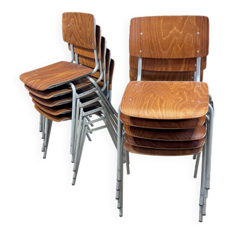 Lot de 10 chaises d'école vintage Ahrend bois pieds gris clair années 70 Pays-Bas