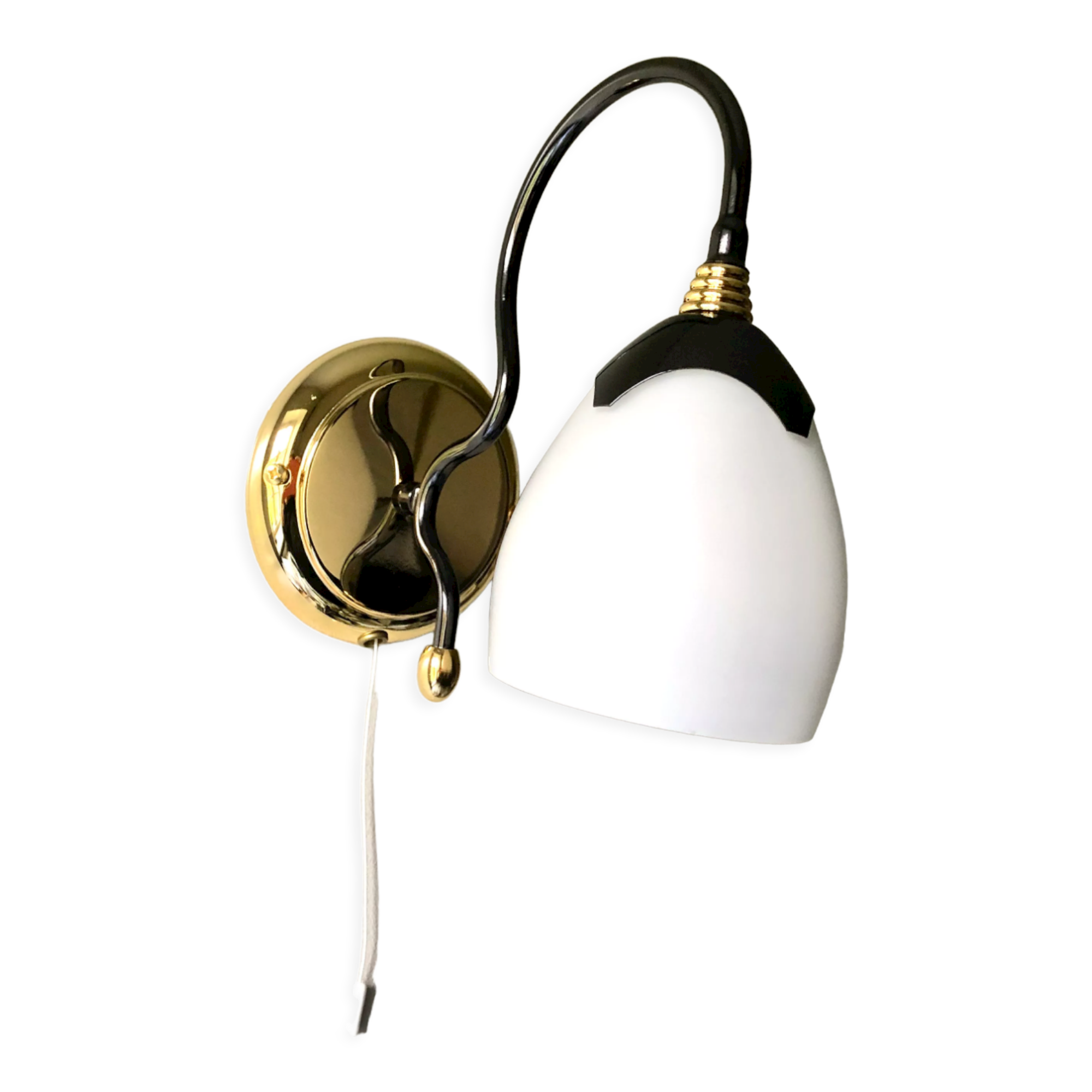 Black and gold wall light with white opaline flower, Italy 1990.