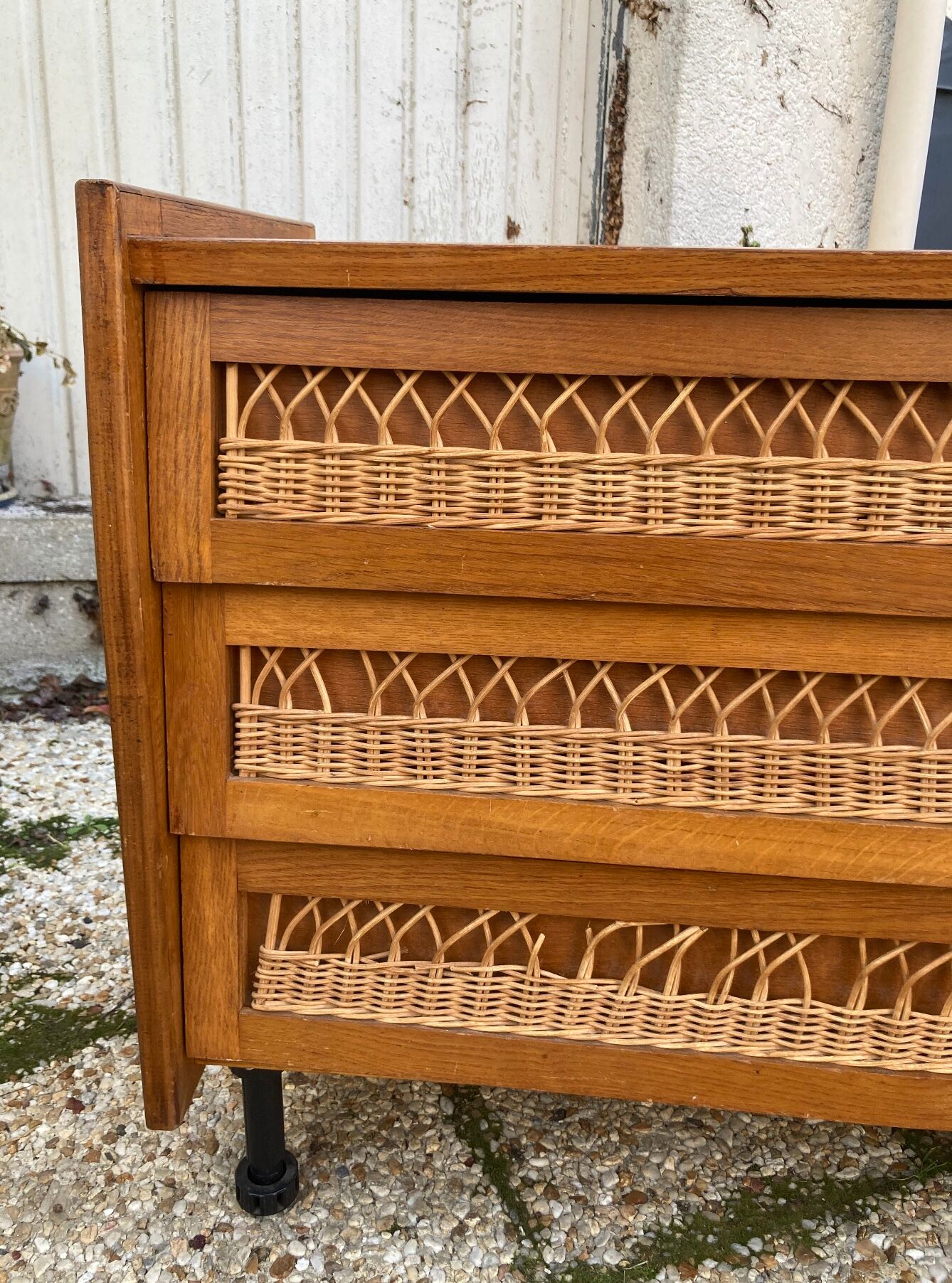 Rattan chest of drawers and vintage wood