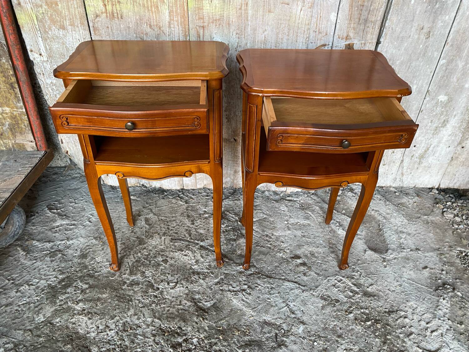 Pair of louis xv style bedside tables in cherry wood + drawer