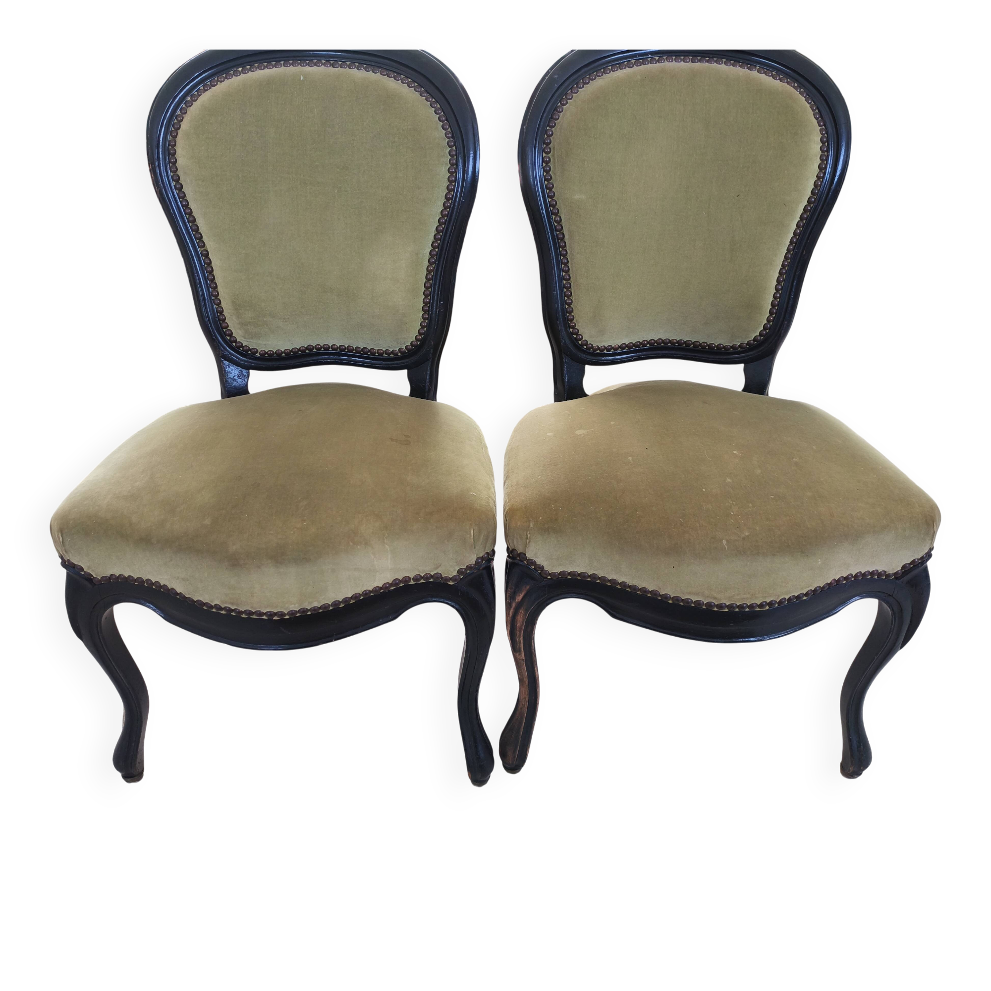 Set of 2 vintage Louis XV style chairs – Green velvet & black wood