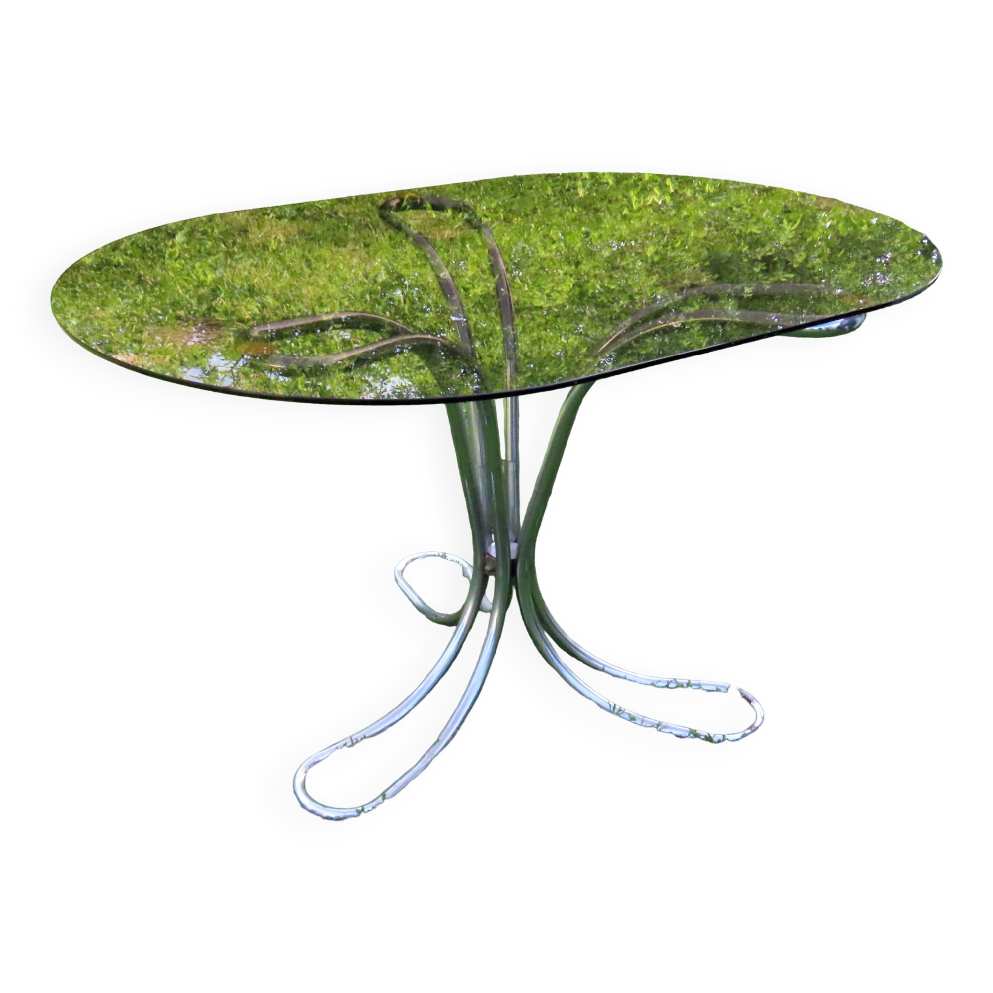 Giotto Stoppino Vintage Italian Smoked Glass and Chrome Oval Table