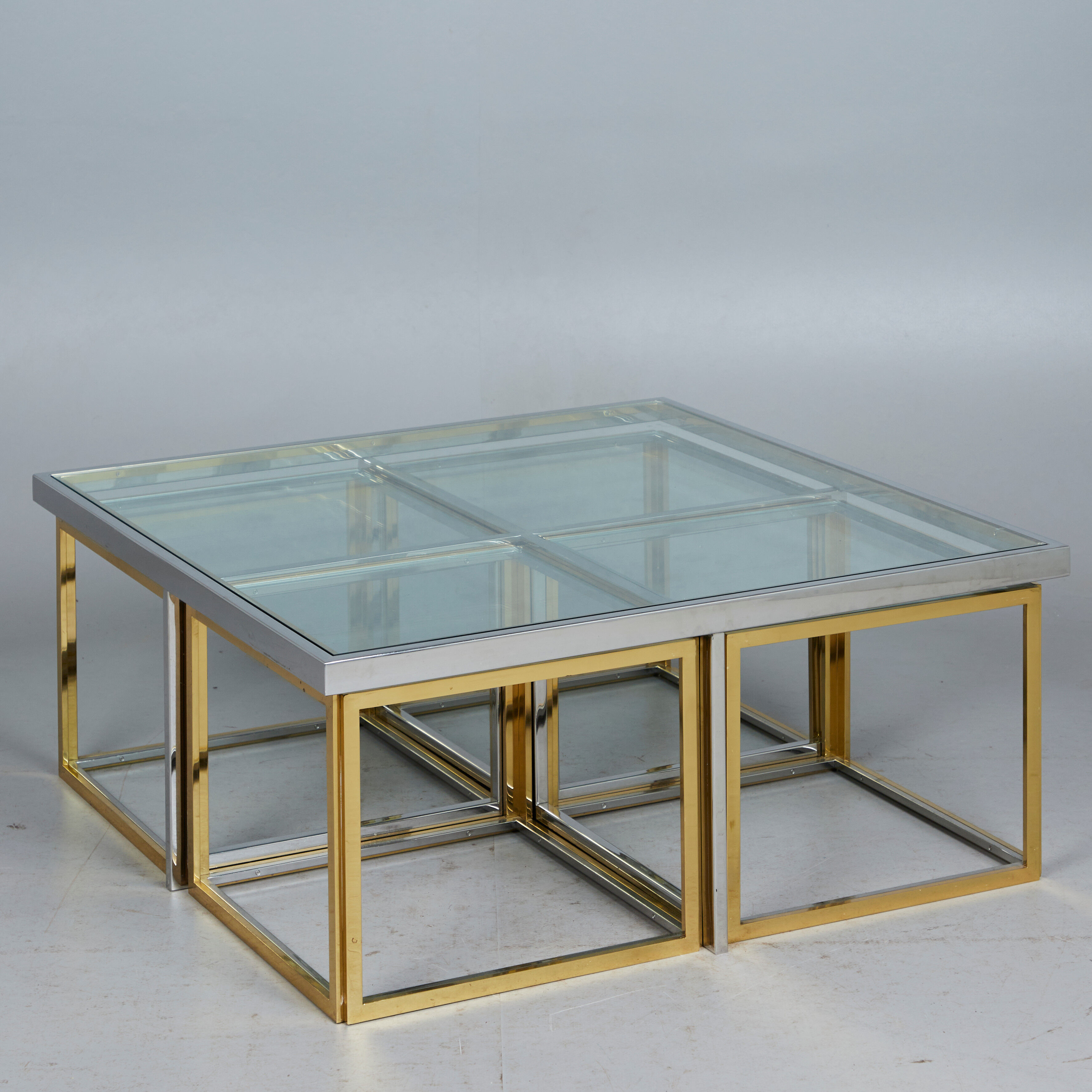Brass and chrome coffee table with four nesting tables 1970