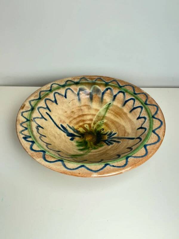 Glazed ceramic dish with green and blue floral decoration – vintage southern earthenware – handmade