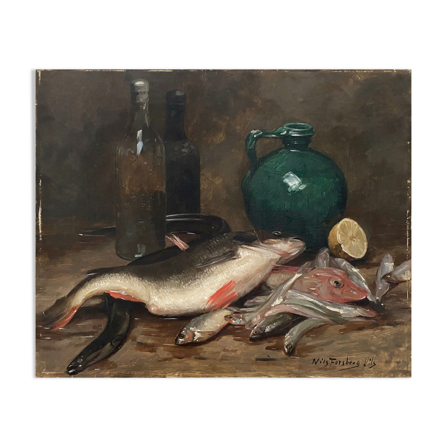 HST painting "Still Life with Fish" HST signed Nils II Forsberg