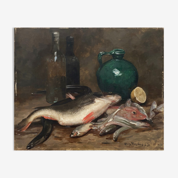 Tableau HST "Nature morte aux poissons" HST signé Nils II Forsberg