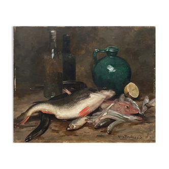 HST painting "Still Life with Fish" HST signed Nils II Forsberg