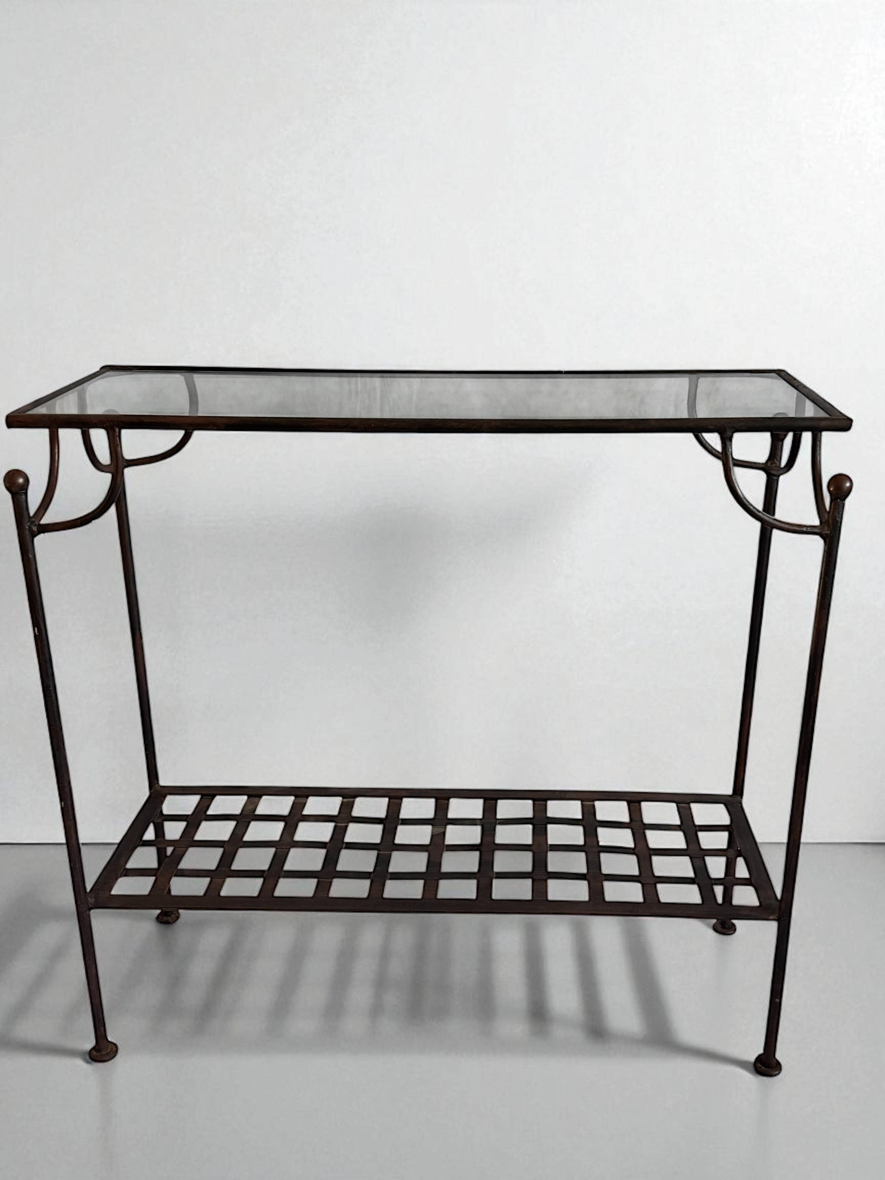 Console en fer forgé et verre, étagère treillis – vintage 70/80