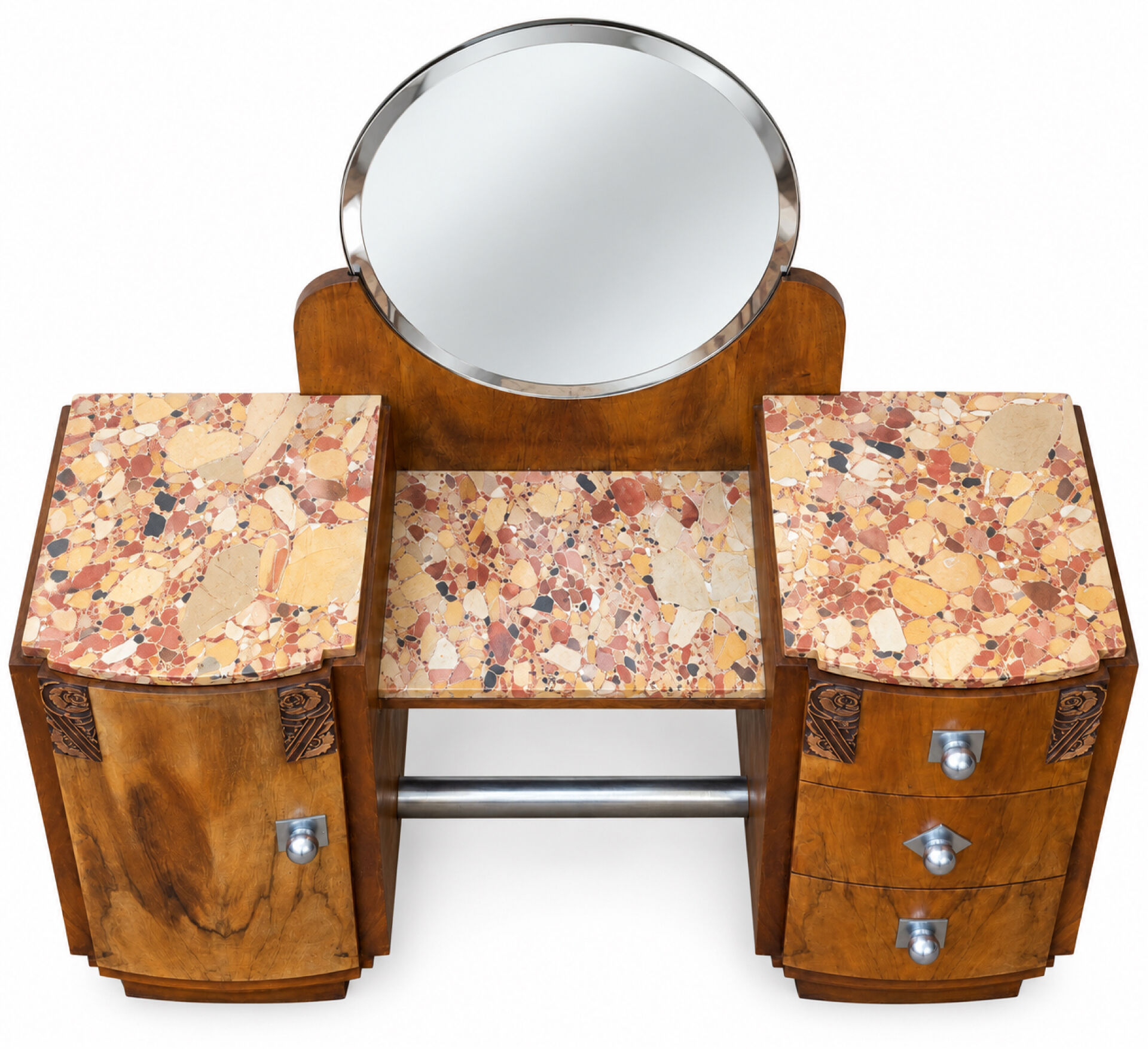 Ensemble coiffeuse 1930 Art Déco en Noyer avec dessus marbre et chevet