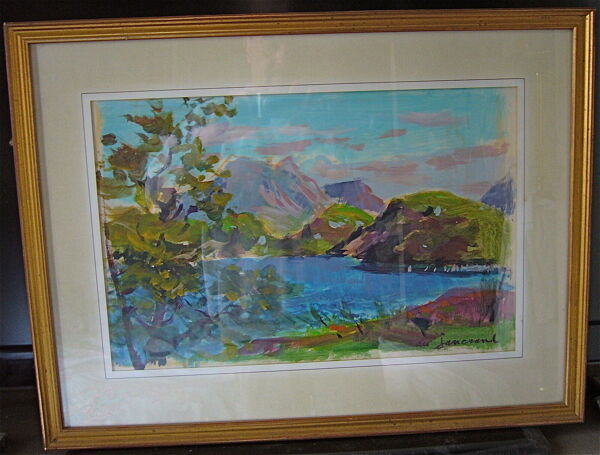 Tableau impressionniste, signé Daniel du Janerand, lac bleu ecosse au bénézit