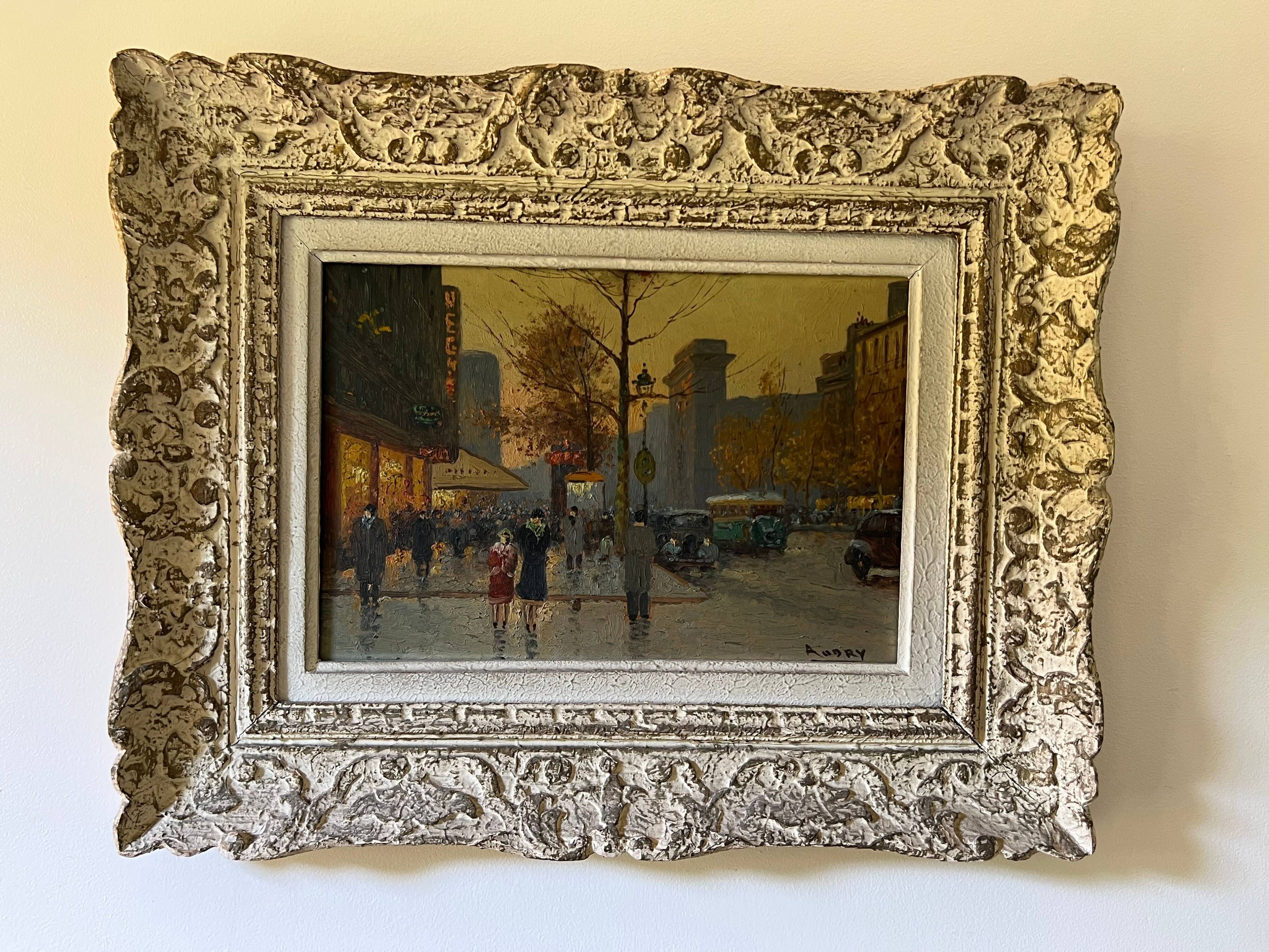 Oil painting depicting a view of Paris in a Montparnasse frame. French work signed Audry. Circa 1930.