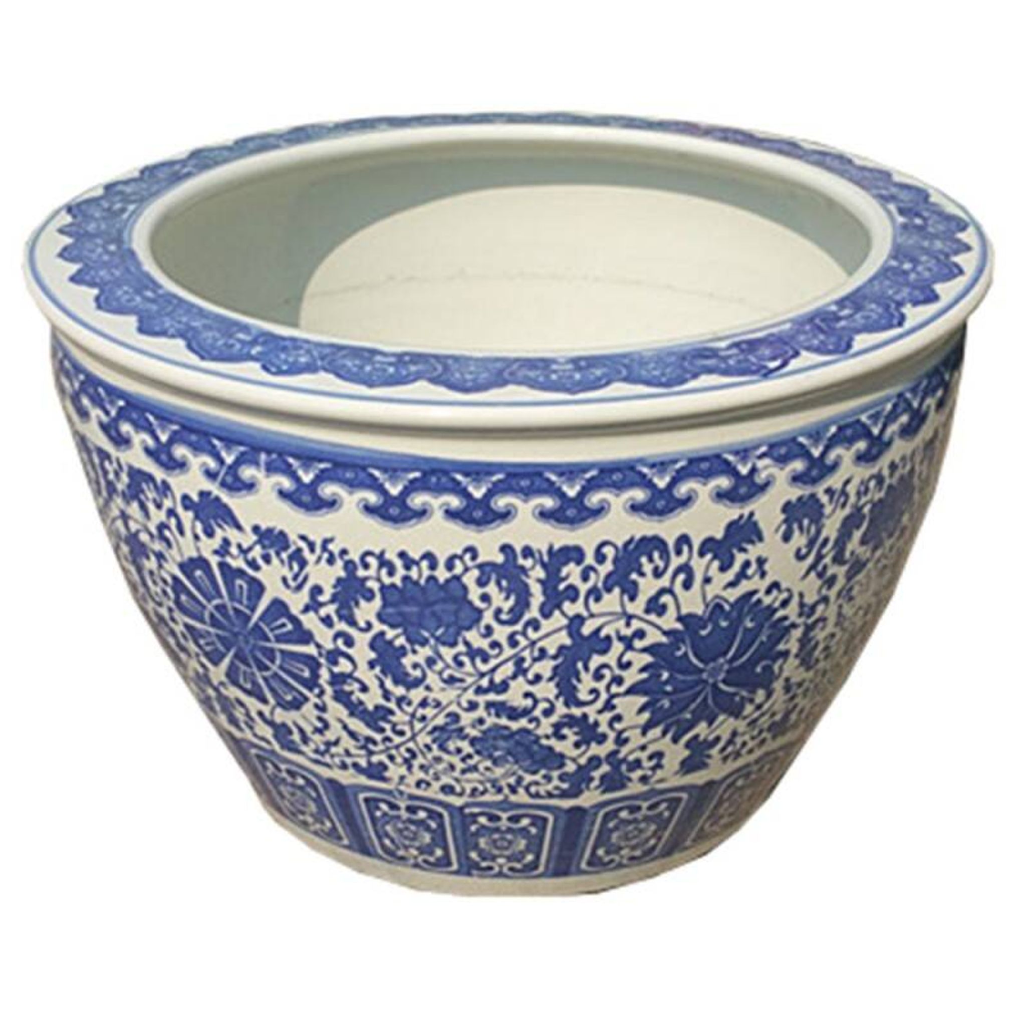 Cache-pot vietnamien bleu Ming et son support en bois