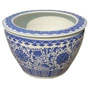 Cache-pot vietnamien bleu Ming et son support en bois