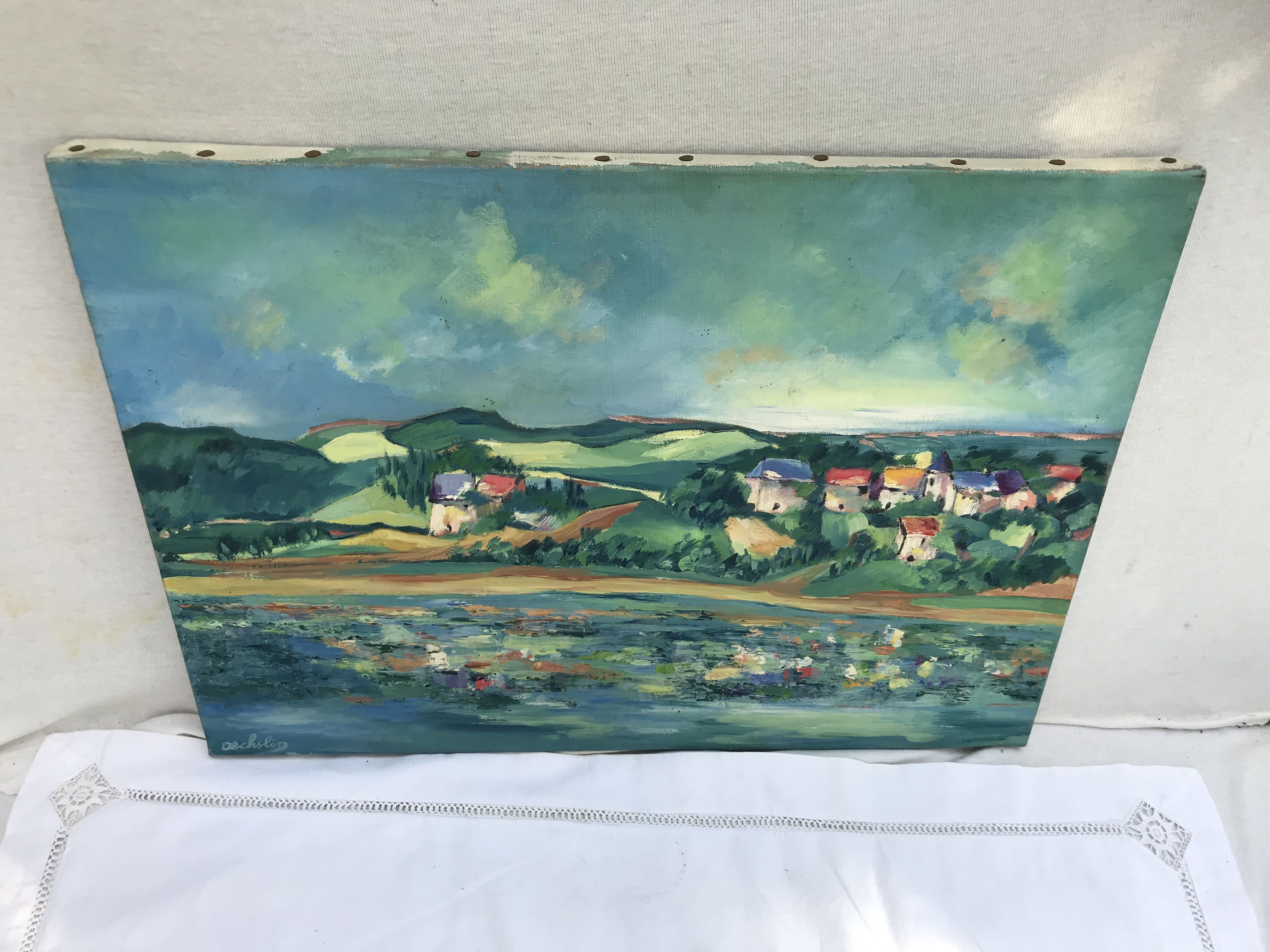 Painting painting oil on canvas Oechslin view village edge of vintage water