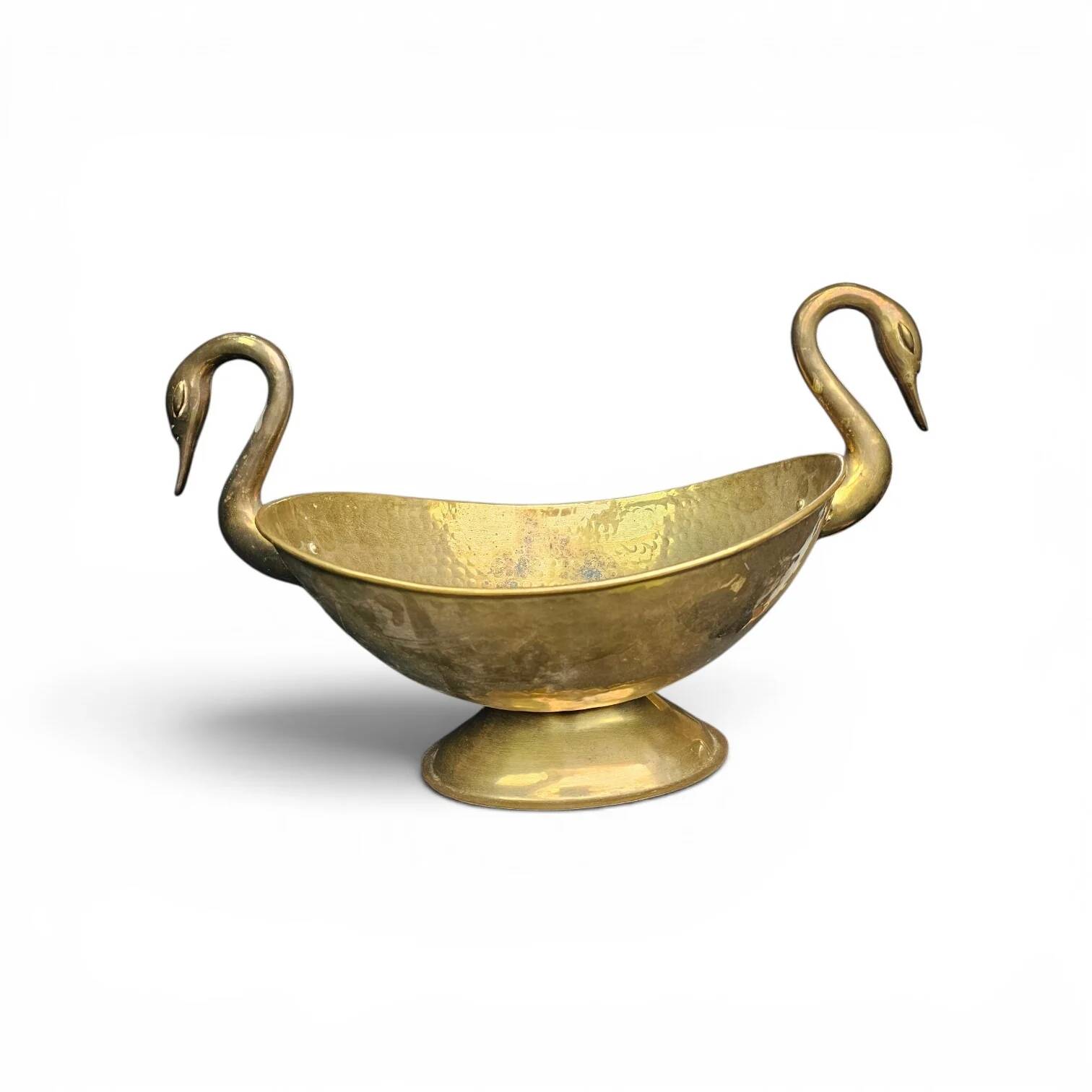 Oval beaten brass dish with swan handles