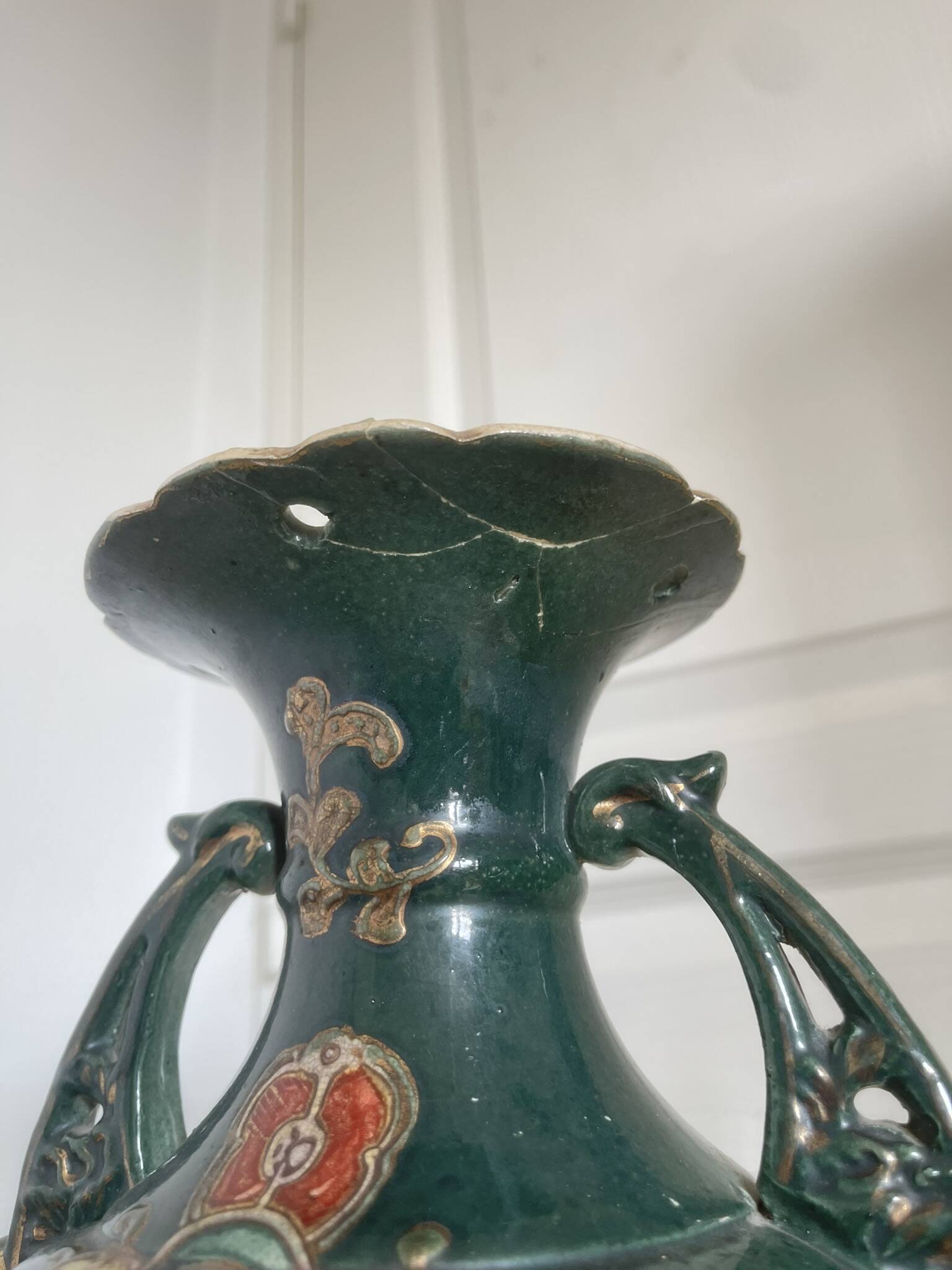 Antique Pair of Japanese Green Moriage Vases Baluster Amphora Flowers Restored