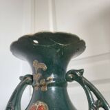 Antique Pair of Japanese Green Moriage Vases Baluster Amphora Flowers Restored