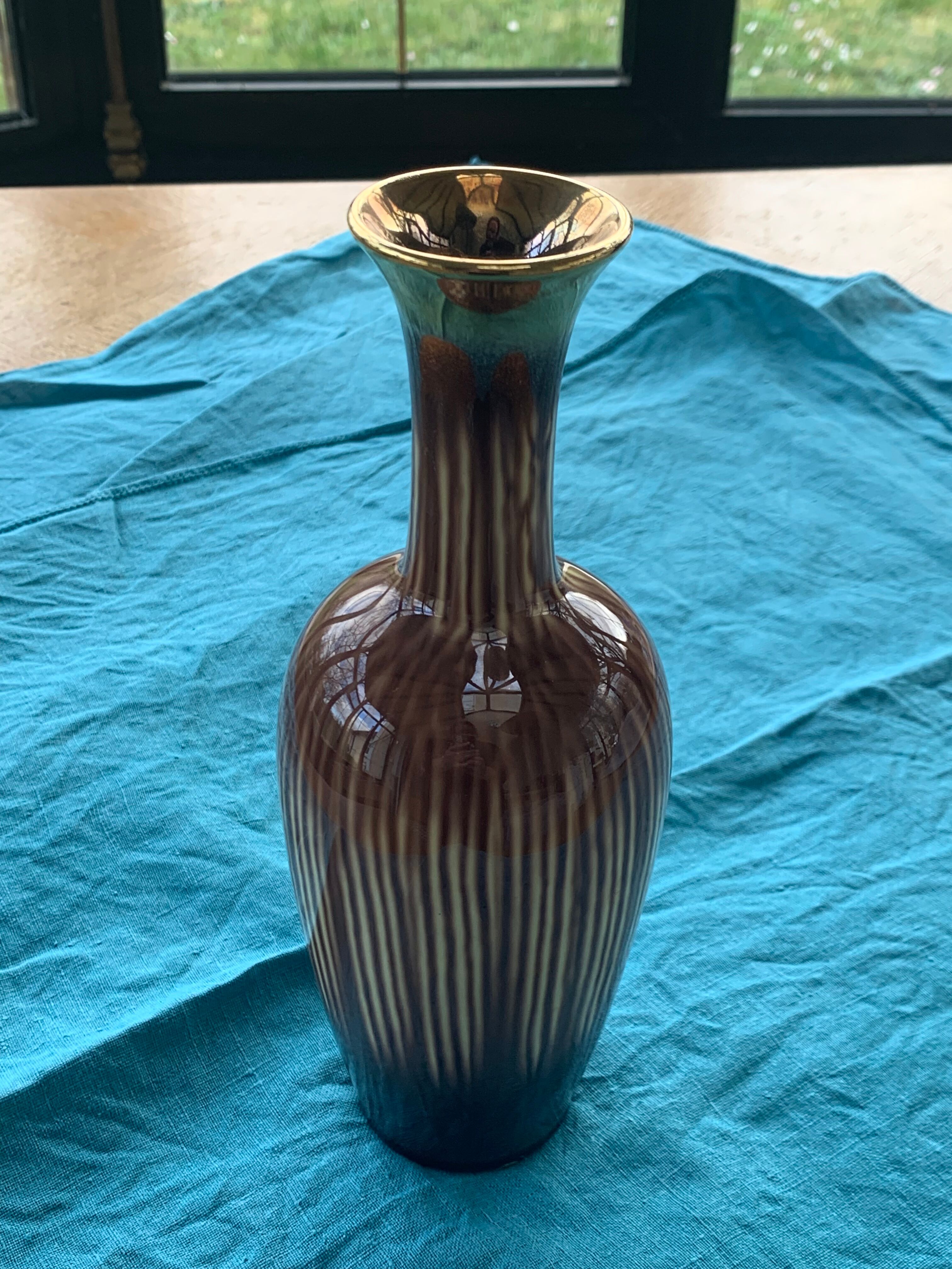 Soliflore vase in beige and gold glazed ceramic, numbered and vintage