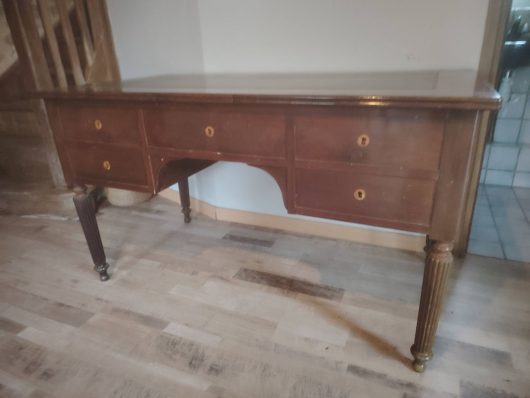 Antique Louis XVI style desk – mahogany – green leather – 5 drawers