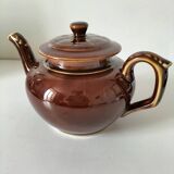 Vintage brown glazed earthenware teapot, mid-century sculptural decor.