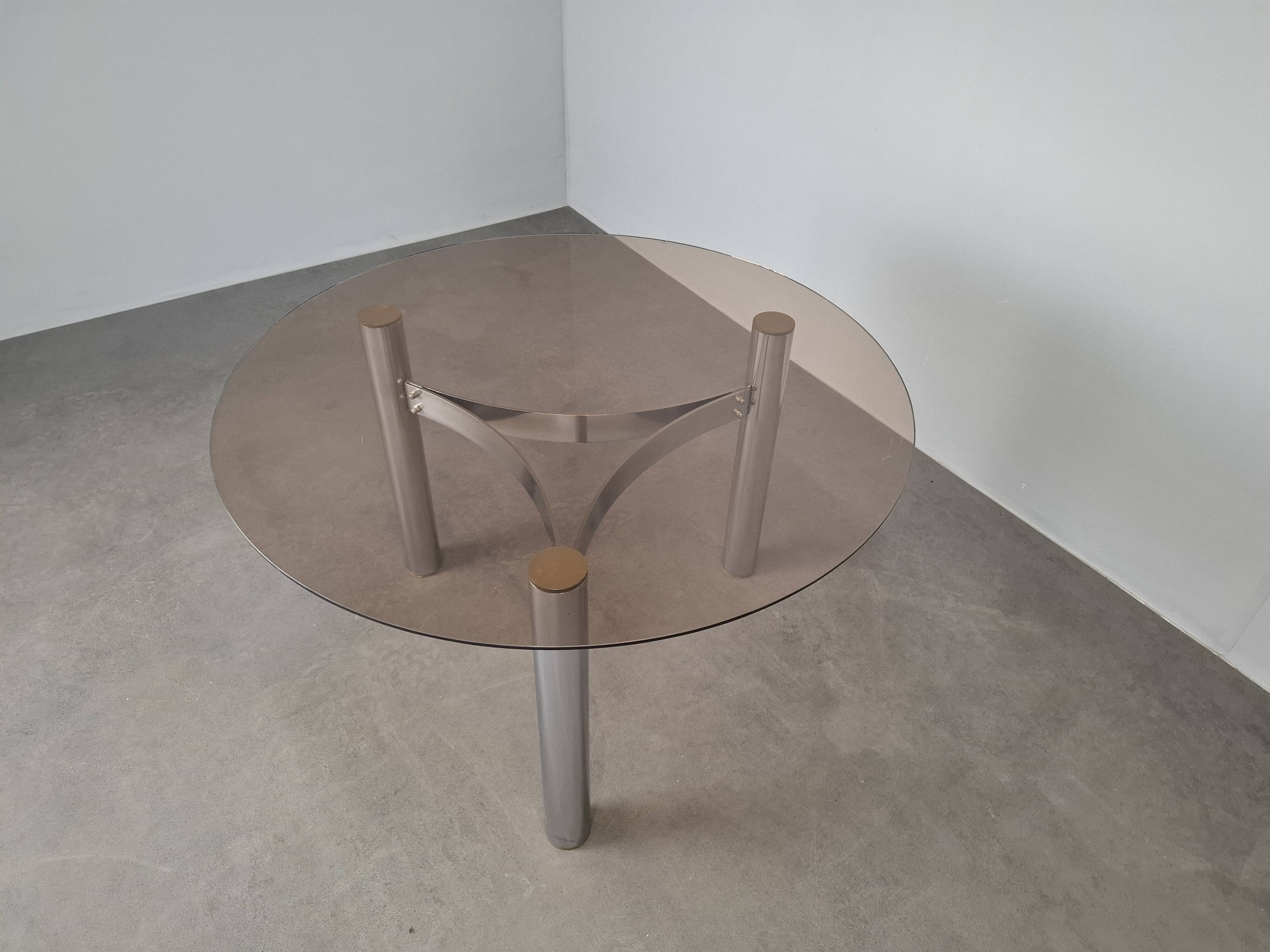 Mid-century Czechoslovak smoked glass coffee table, chrome metal, 1970s