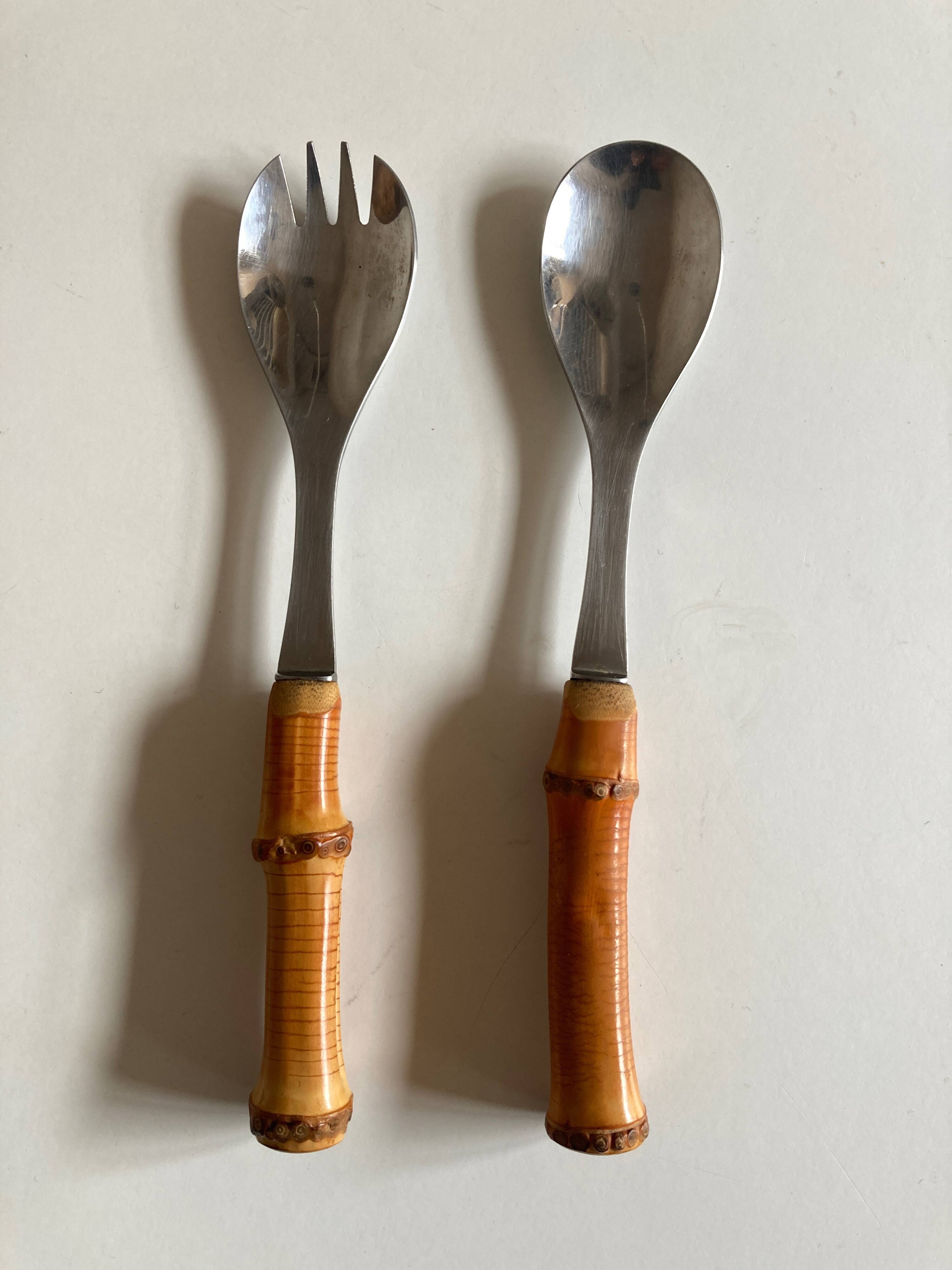 Pair of bamboo handle salad servers 1960