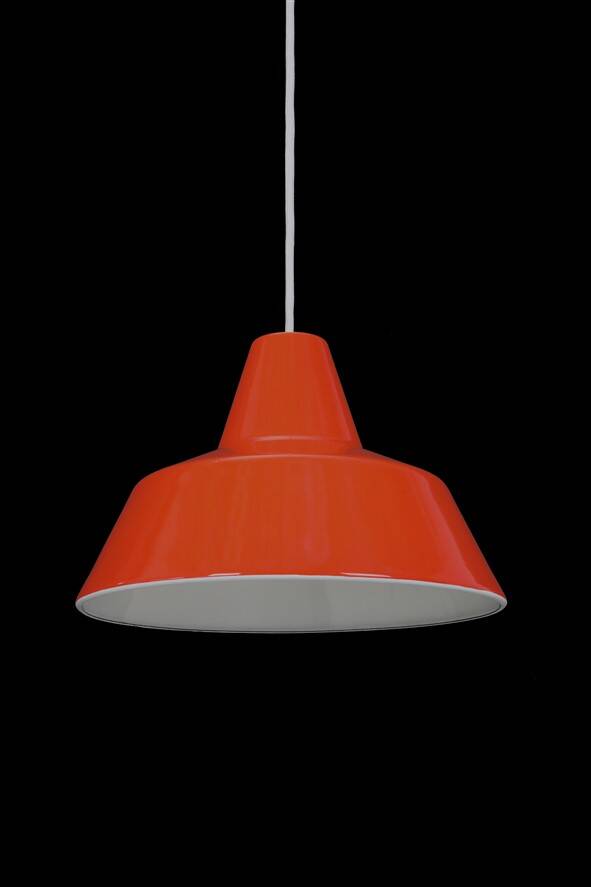 Louis Poulsen / Axel Wedel Madsen “Arbejdspendel” enamel pendant lamp / Danish industrial design / orange