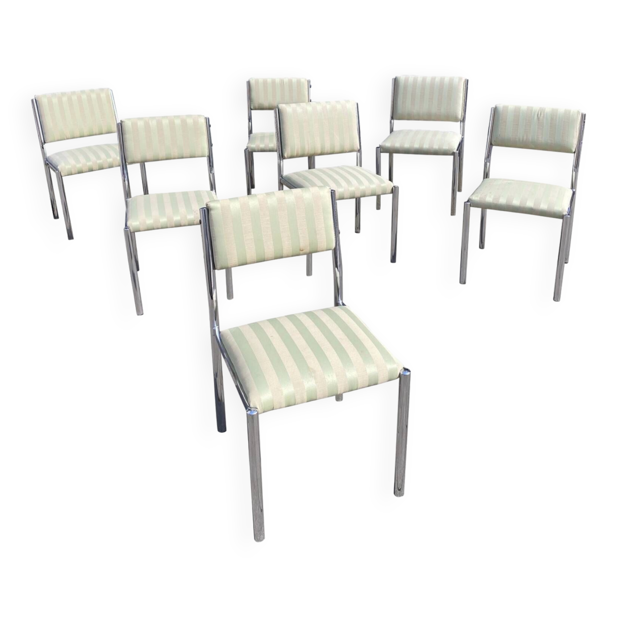 7 chaises de salle à manger chromées des années 1970 Hollywood Regency Modernist Vintage Table Italian