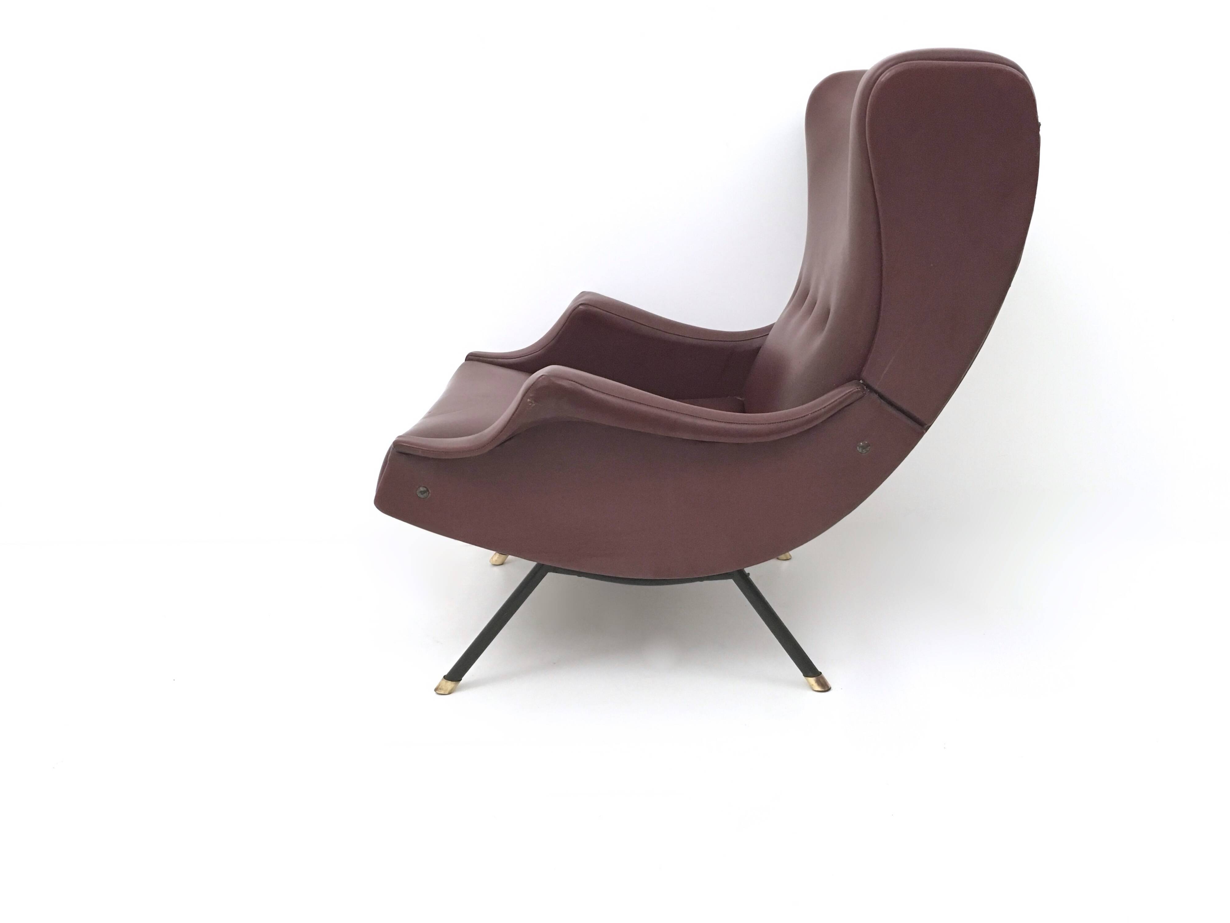 Burgundy Skai, Brass and Metal Lounge Chair, Italy