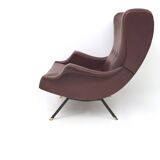 Burgundy Skai, Brass and Metal Lounge Chair, Italy
