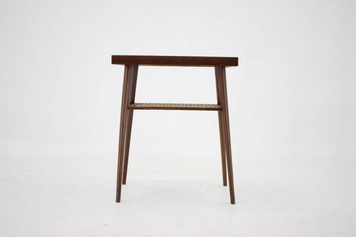 1960s Mid-Century Czech Oak Side Table with Woven Magazine Shelf