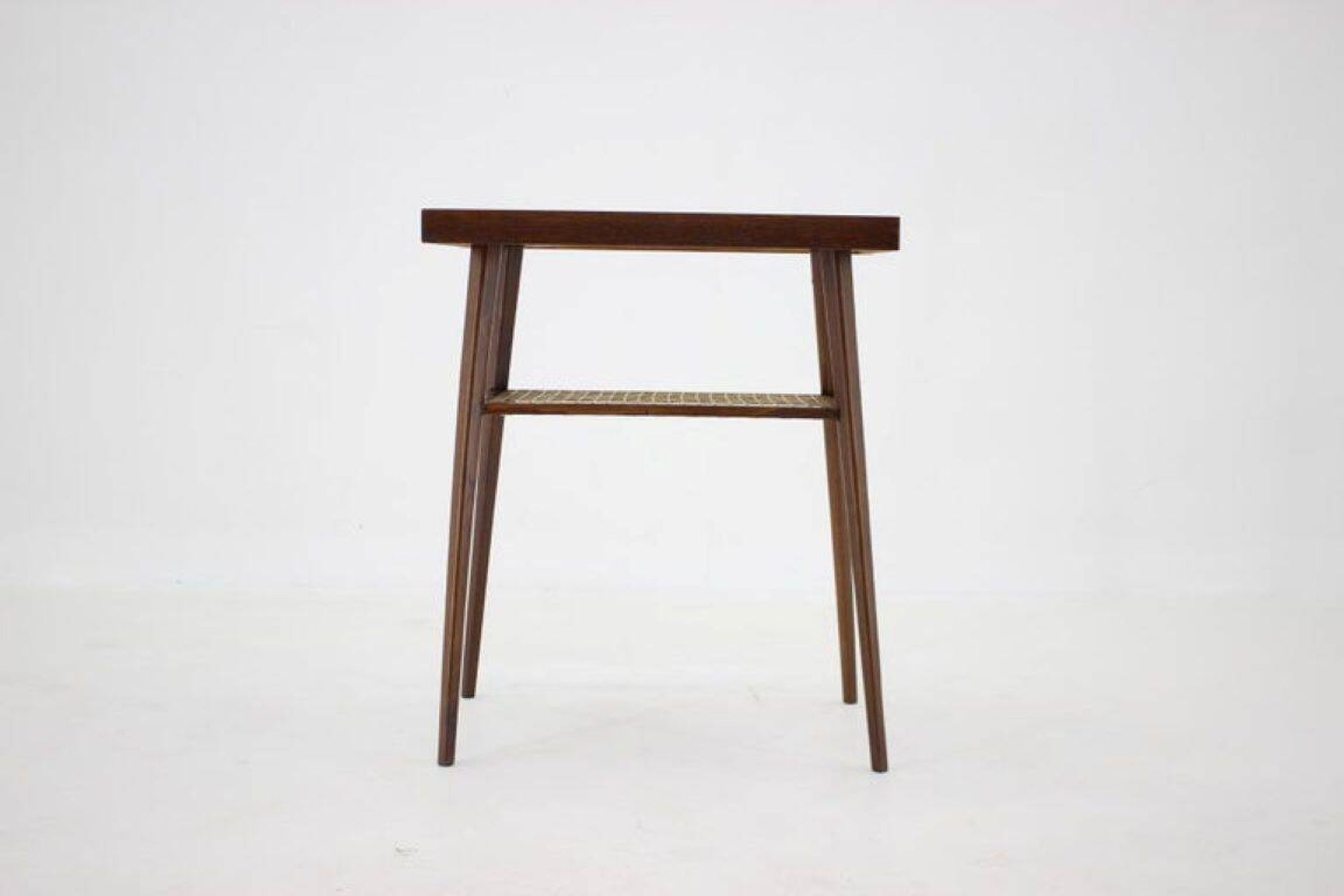 1960s Mid-Century Czech Oak Side Table with Woven Magazine Shelf