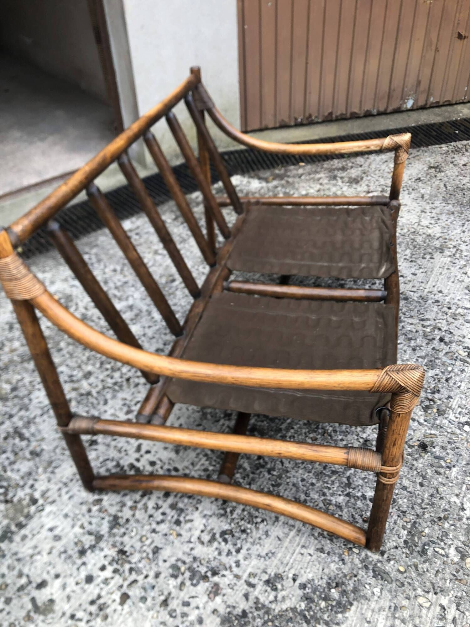2-seater rattan sofa with vintage velvet cushions from the 70s