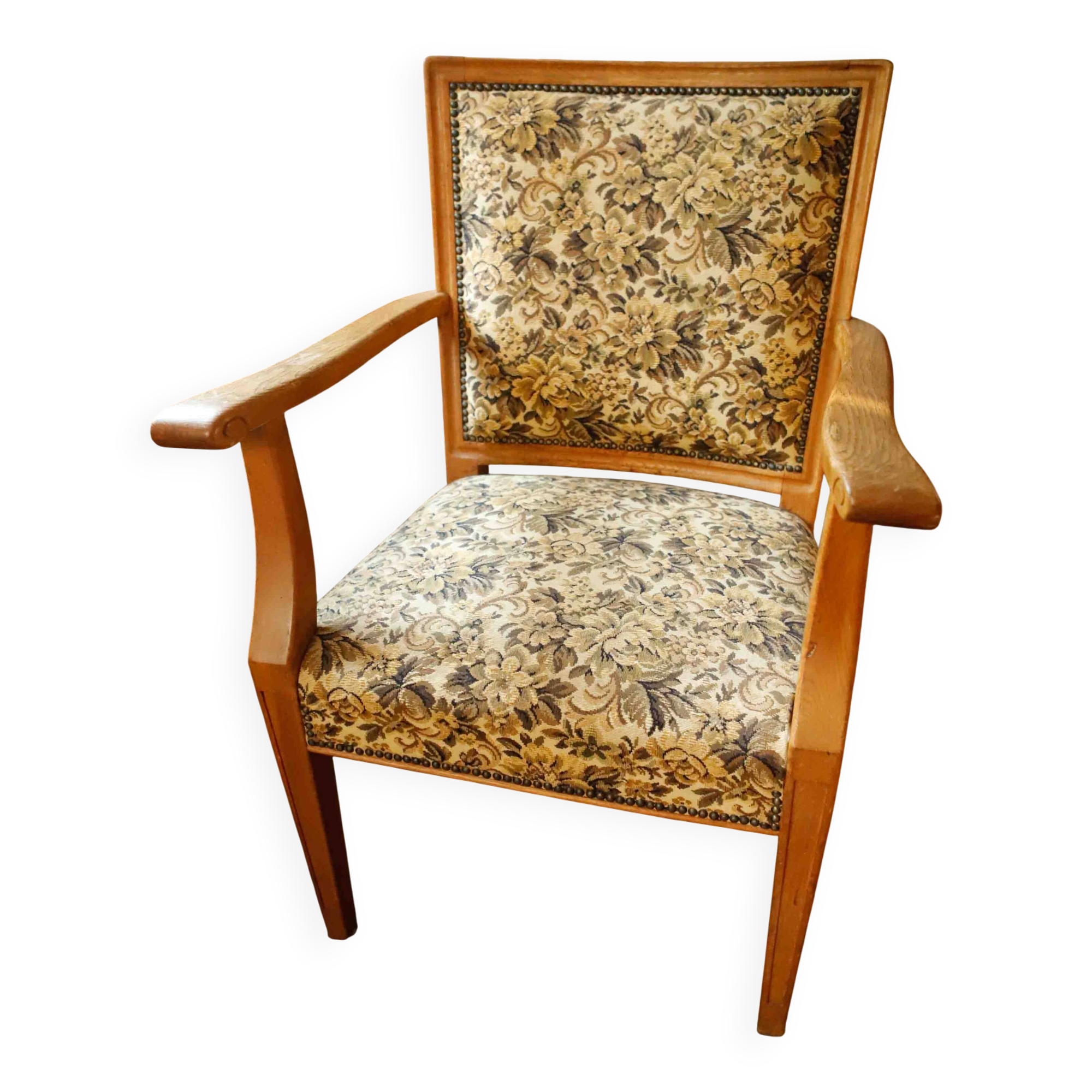 Vintage Salon Armchair with Floral Tapestry Upholstery and Scroll Armrests