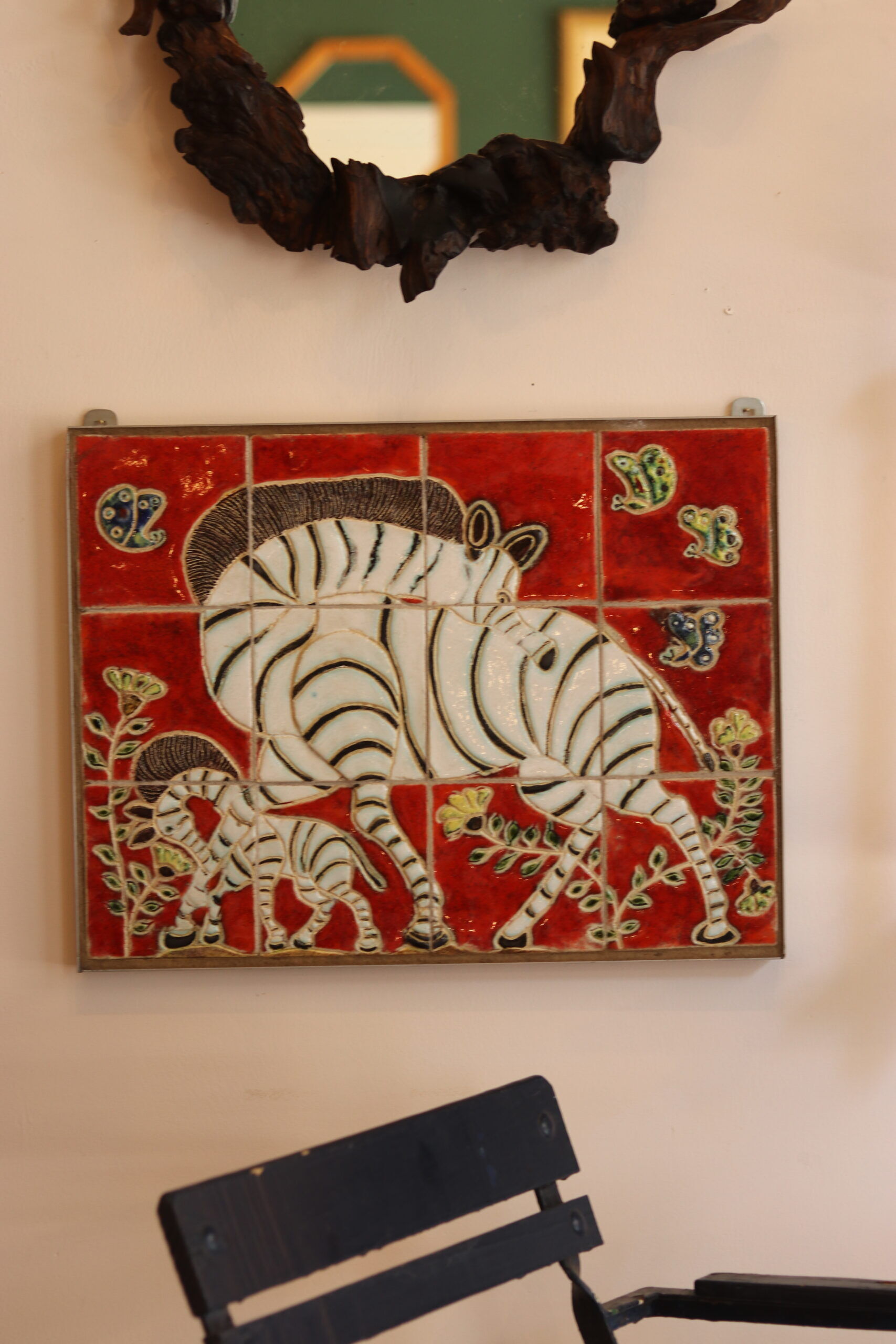 Wall panel "The Zebras" in ceramic signed by Jeanine Weymeers, circa 1970.