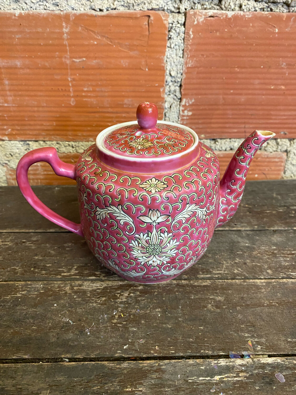 Antique MUN SHOU Teapot Pink Porcelain Flower Decor China Vintage #