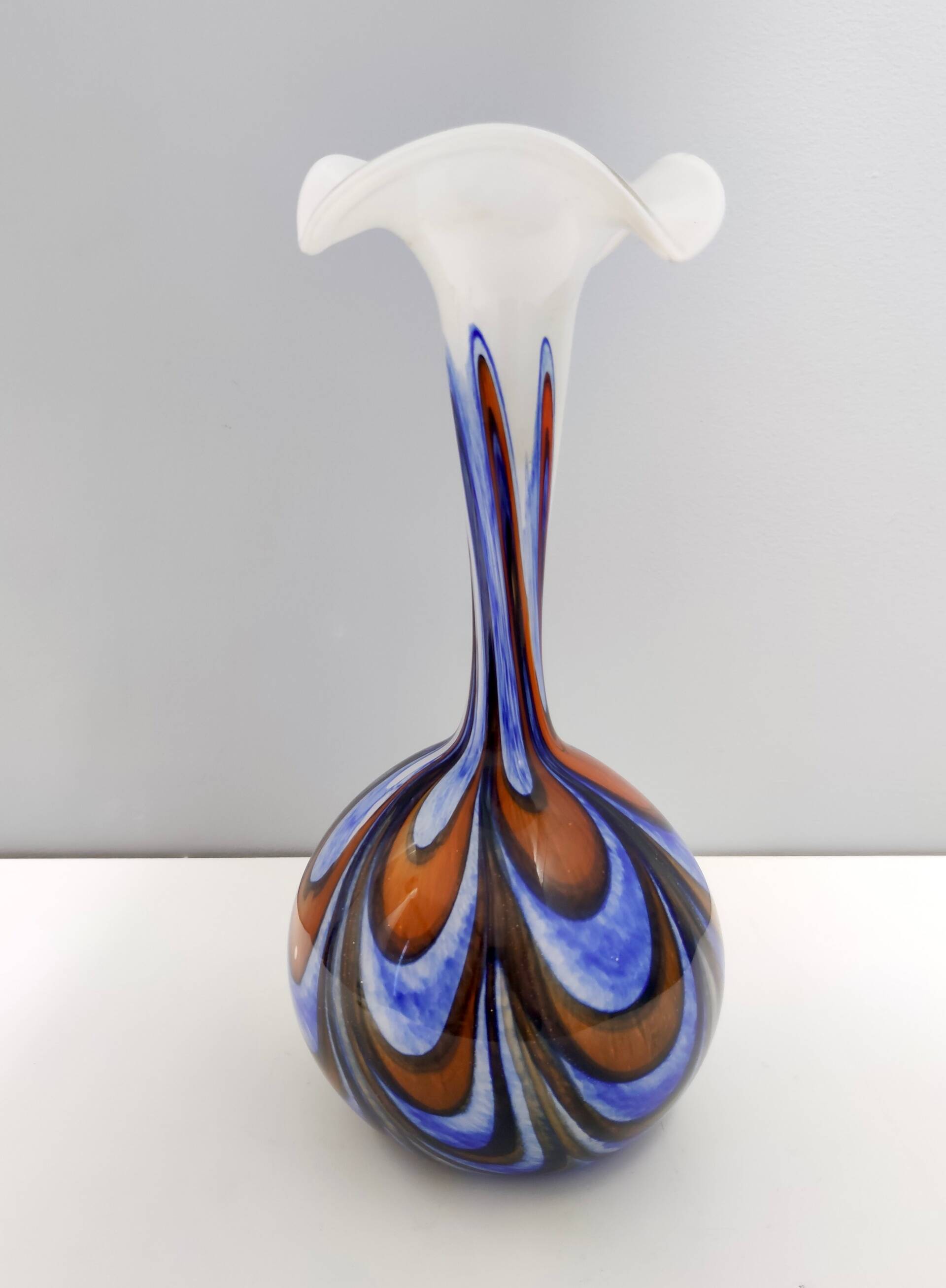 Large Orange, White and Blue Glass Vase by Opaline Florence, Italy