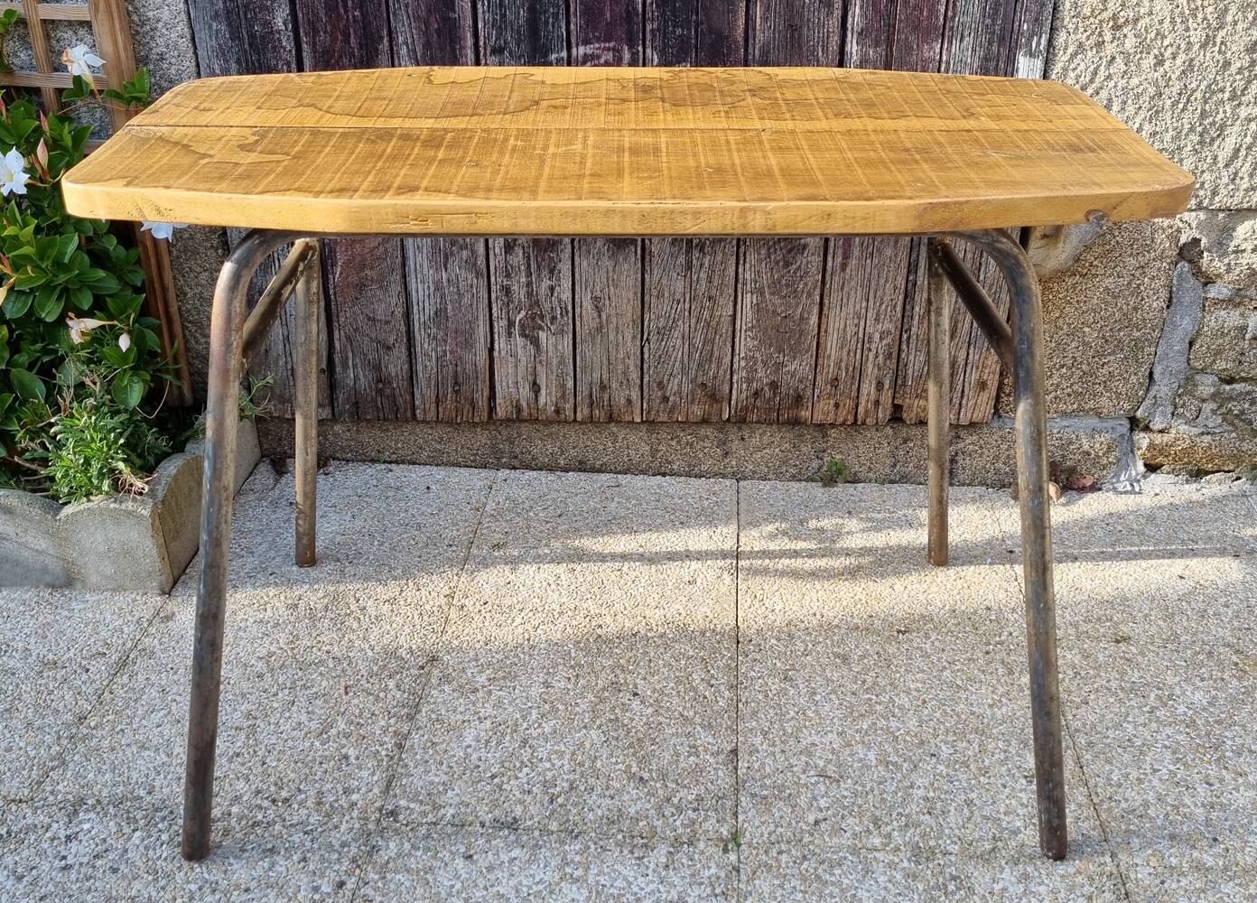 Console, table, raw wood, metal, vintage