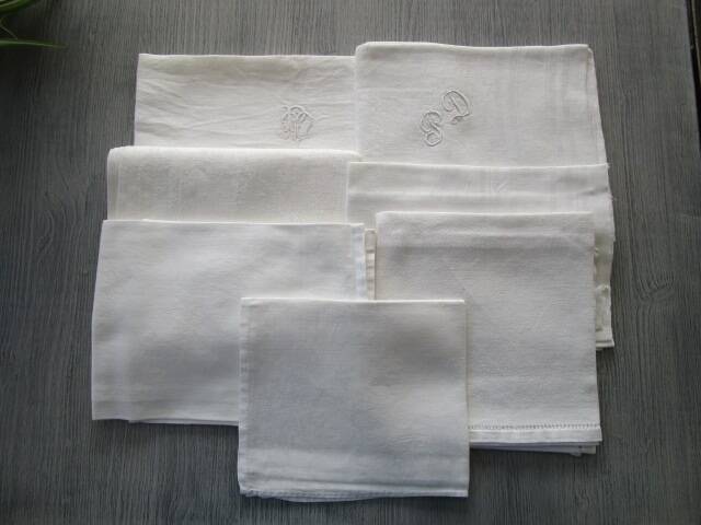 7 Antique Damask Napkins - Mismatched