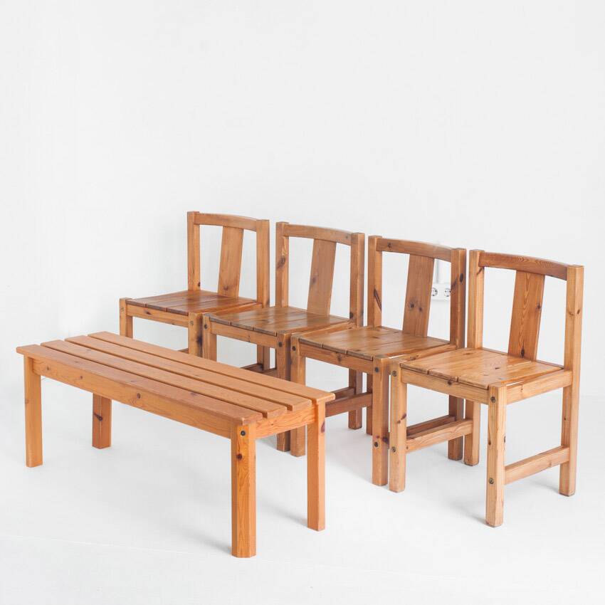 Set of four Scandinavian style chairs + bench. Pine wood. Produced by Sotka. Finland 70s