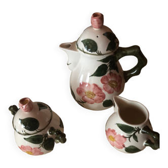 Service à thé (Théière, sucrier, pot à lait) Wild roses en porcelaine