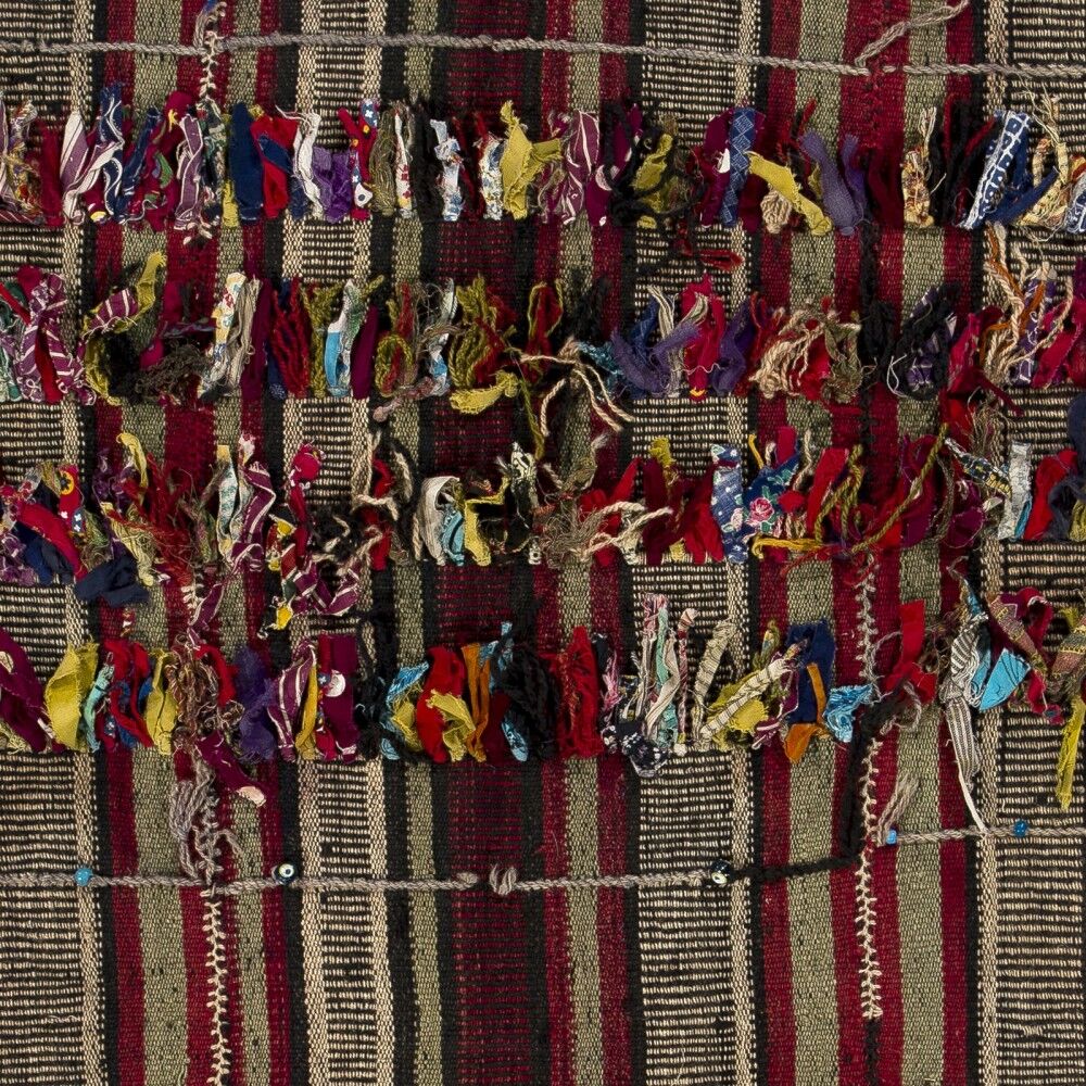 Vintage Tribal Turkish Kilim Rug with Colorful Pom Poms, Folk Art Wall Hanging
