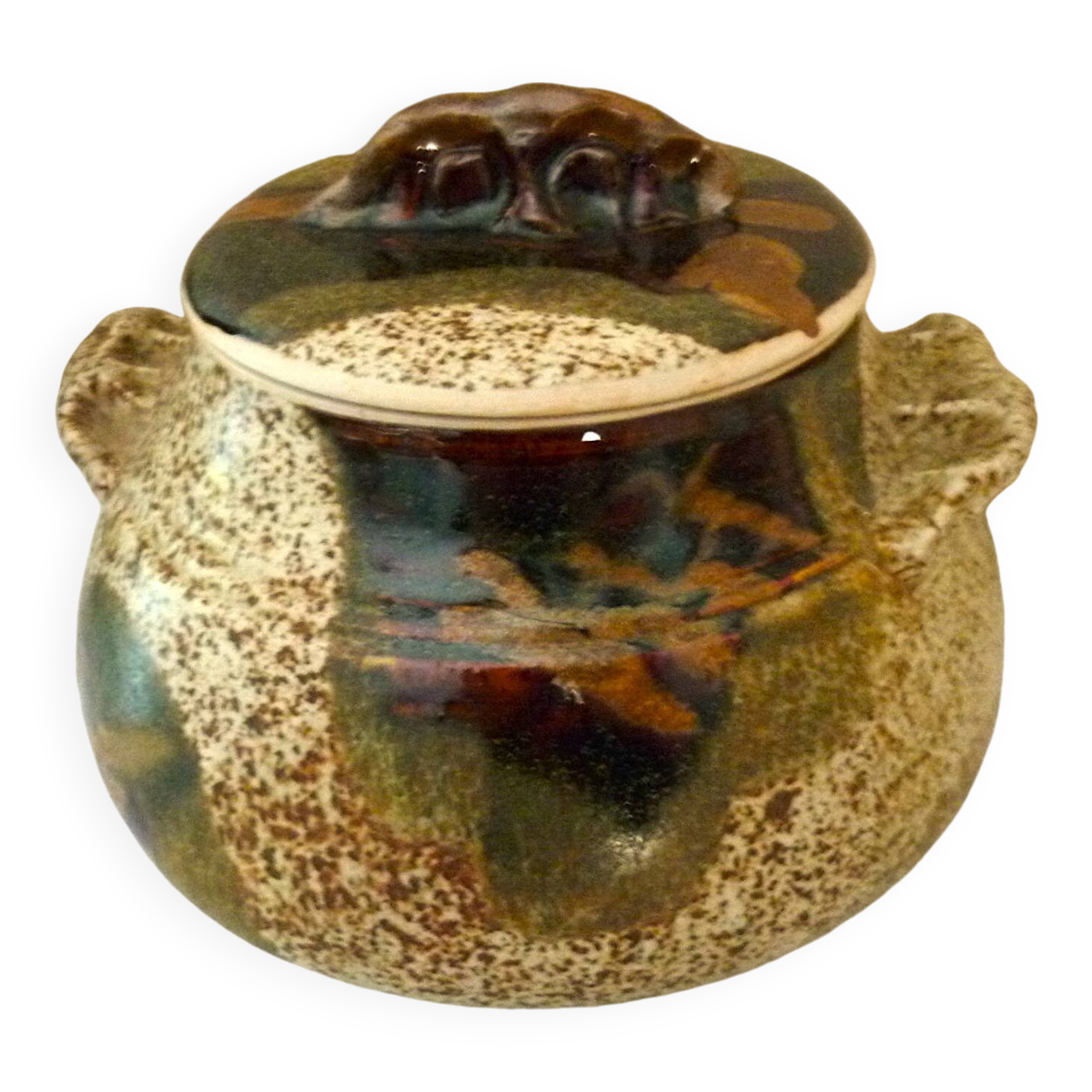 Vegetable dish, covered pot, glazed ceramic art, 1970s, signature to be identified