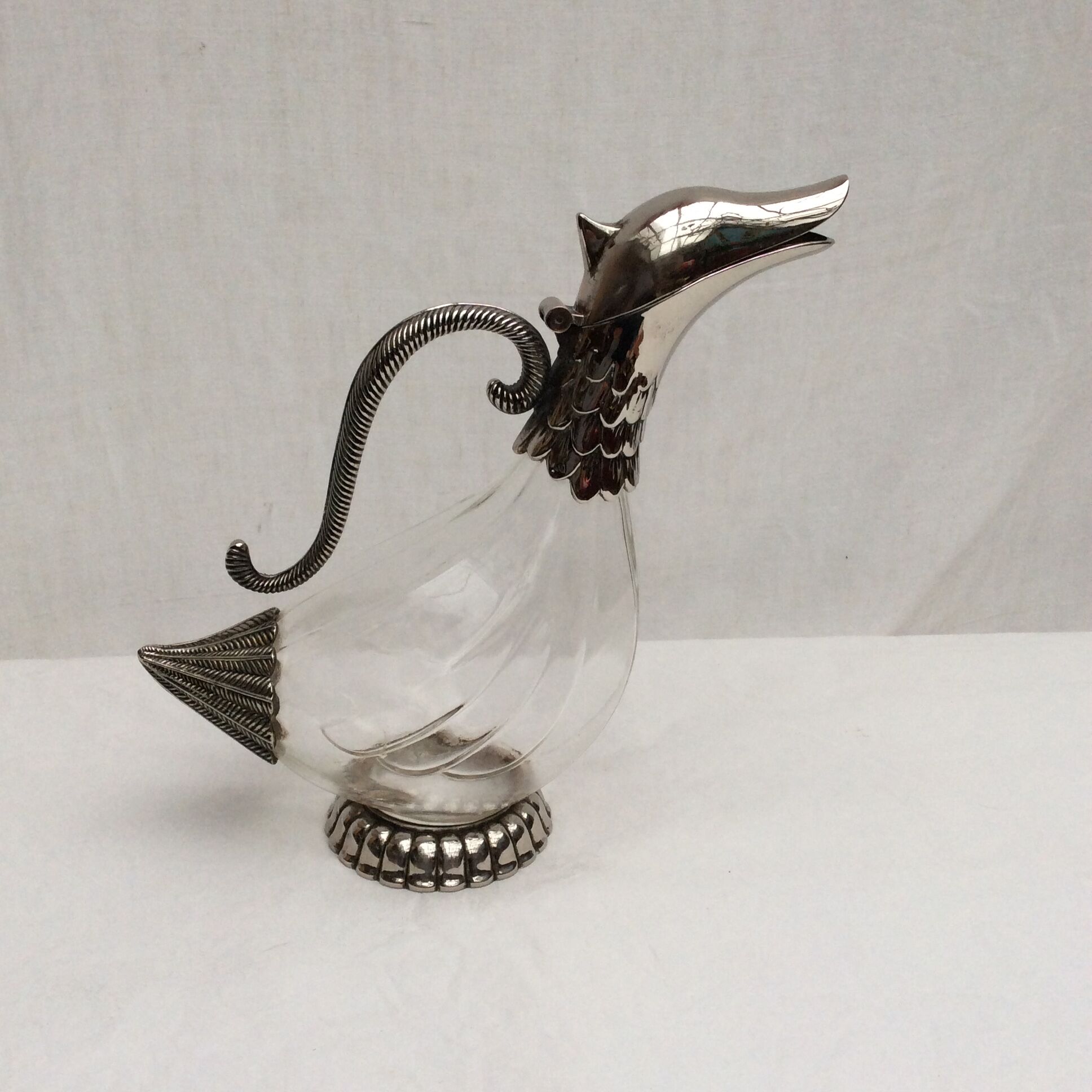 Carafe -duck in silver metal and glass signed