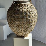 Immense light grey antique-style pot with a crosshatch lid and handles.