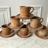 Set of 6 handcrafted stoneware cups and sub-cups 70s