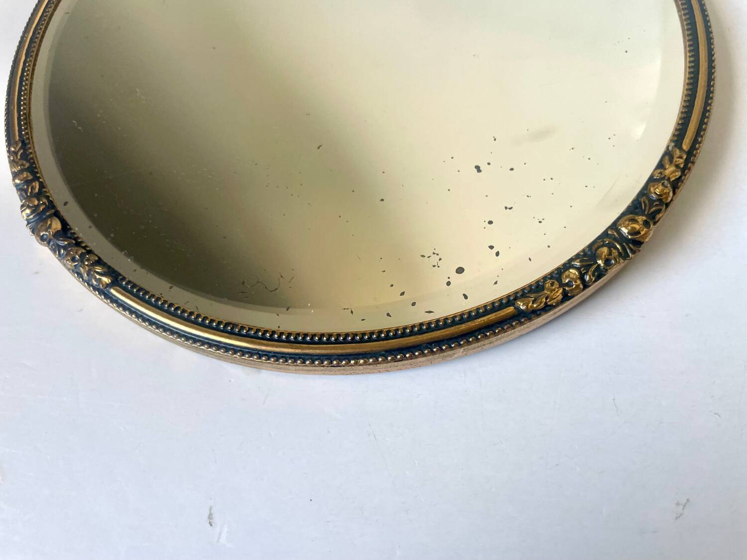 Antique Beveled Mirror with Metal frame Gold colored brass 14 cm diameter